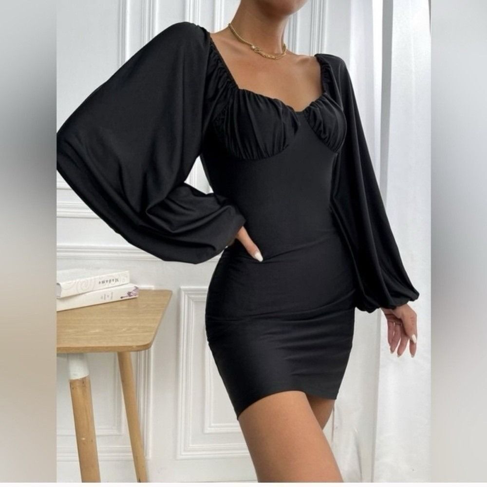 Jagger & Stone Liv Black Satin Mini Dress Balloon Sleeve Sweetheart.NWT.Sz 4
